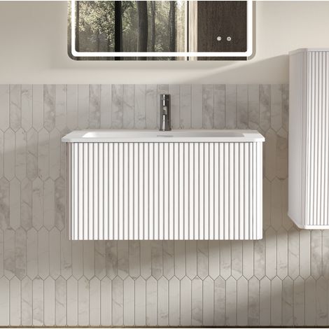 Meuble sous vasque 60 cm avec lavabo, tiroirs push-to-open, design rainuré, blanc, MDF et contreplaqué (1/5)