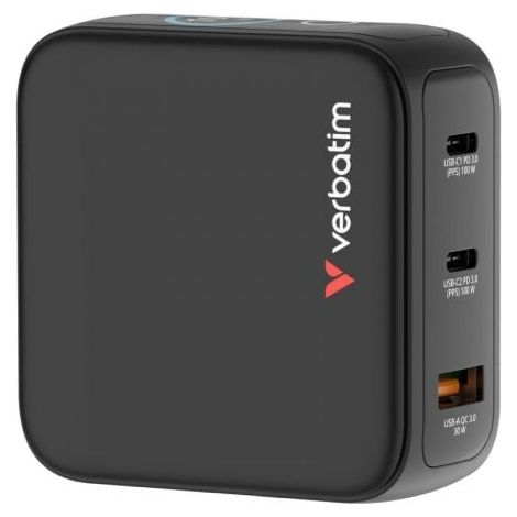 Cargador de Pared Universal GaN para Viaje Verbatim Mini GaN Charger Con Pantalla/ 2xUSB Tipo-C/ 1xUSB/ 100W