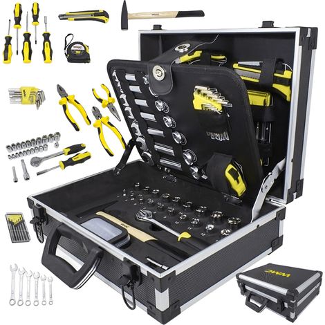 WMC Tools Juego de herramientas de 91 piezas – Juego completo de alicates de calidad profesional, alicates, destornillador, puntas hexagonales, carraca, maletín de aluminio, bricolaje, reparación