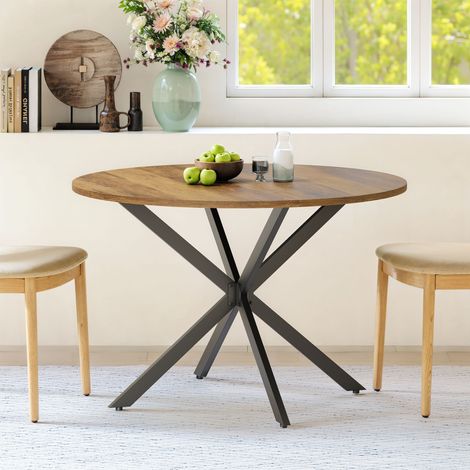 Table ronde de style ferme avec pieds en X, 120 cm - Table de cuisine, table à manger pour salon, bureau à domicile, balcon ou café - rétro marron & noir (1/5)