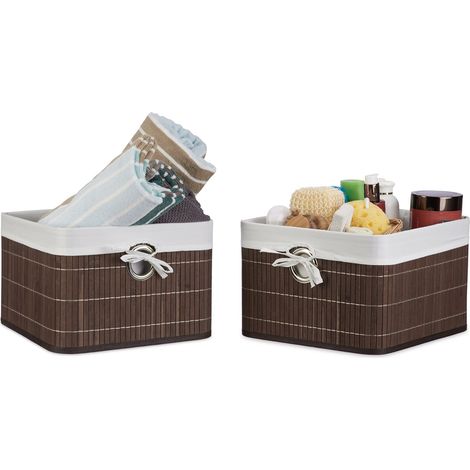 2x Aufbewahrungskorb Bambus, Regalkorb abnehmbarer Stoffbezug, Aufbewahrungsbox mit Griff, HBT ca 20 x 31 x 31 cm, braun