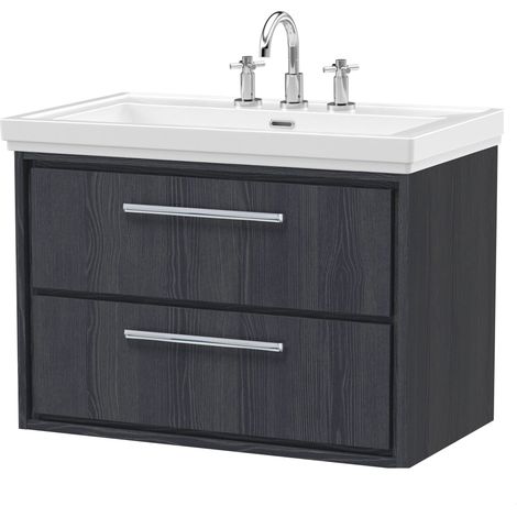 Longnor 2 Drawer Wall Hung Vanity Unit with 3 Tap Hole Traditional Fireclay Basin, Woodgrain Graphite Grey, 800mm