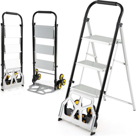 COSTWAY Diable Pliable et Échelle 2 en 1, Escabeau en Aluminium à 3 Marches avec Pédales Antidérapantes, Chariot Portable avec Roues en Caoutchouc pour Maison, Entrepôt, Bureau, Charge 250 kg (1/5)