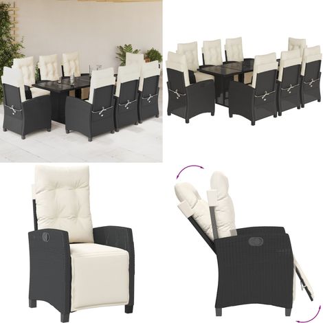 Set da Pranzo da Giardino 9 pz con Cuscini Nero in Polyrattan - Sedie da giardino - Tavolo da giardino