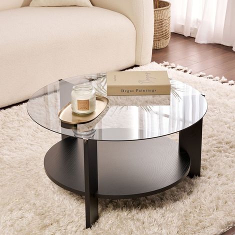 Canevino Couchtisch, rund, Tischplatte aus Glas, Regal transparent, 75x75x40h cm, Schwarz (1/5)