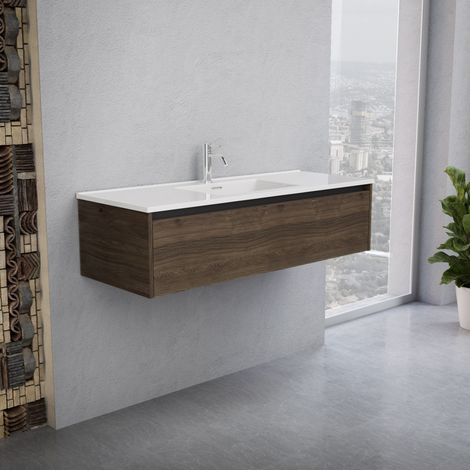 Inda - Badezimmerschrank 1 Schublade B.120 mit glänzendem Waschbecken / Braune Eiche - Smeraldo (1/5)