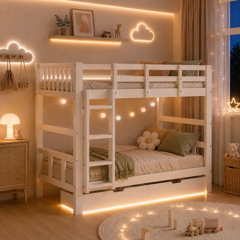 Lit Superposé 90x200 cm avec Sommier, Lit Enfant 2 places avec Barrières de Sécurité, Échelle et 2 Tiroirs, Séparable en 2 lits simples, Cadre en bois Blanc