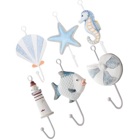 Ensemble de 6 crochets porte-serviettes style méditerranéen avec motifs marins, en résine et fer,