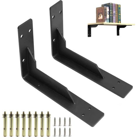 Lot de 2 Console pour étagère 290mm, Équerre Charge Lourde, Murale Supports Étagère, Charges Lourdes Supports Equerre avec Vis, Noir 150KG/330lbs Porteur