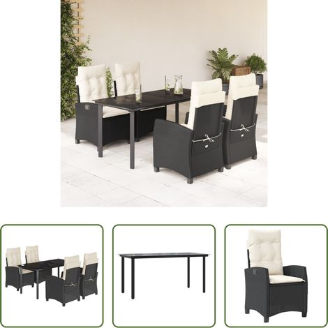 Gartentisch - 5-tlg. Garten-Essgruppe mit Kissen Schwarz Poly Rattan (1/5)