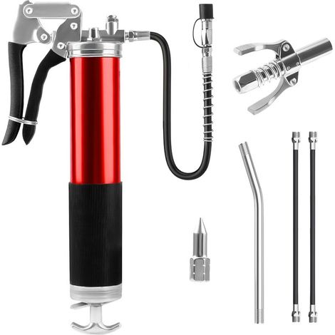 Pompe a Graisse rouge 8000 PSI Pompe a Graisse Manuelle Pistolet à Graisse Professionnel avec Tuyau Flexible, Buse Pointue, Embout Pompe à Graisse Pistolet Graisseur pour Cartouches 400G (1/5)