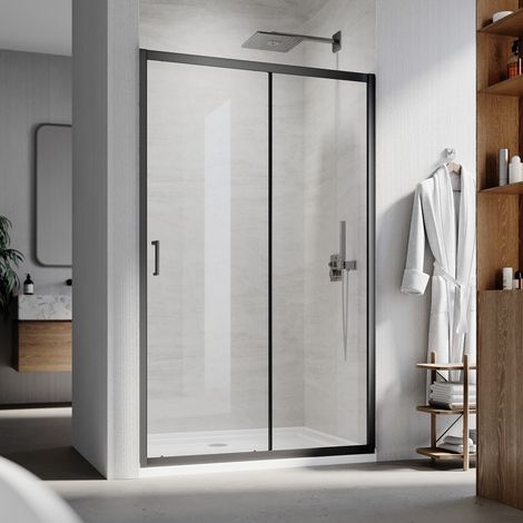 ELEGANT Black Frame Sliding Shower Door 6mm Toughened Glass Shower Screen Panel Reversible Shower Enclosure, 1100mm (1/5)