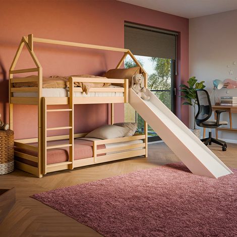 Letto capanna a castello 90x190 a terra scivolo e sommier inclusi Aurélien Legno e Bianco (1/3)