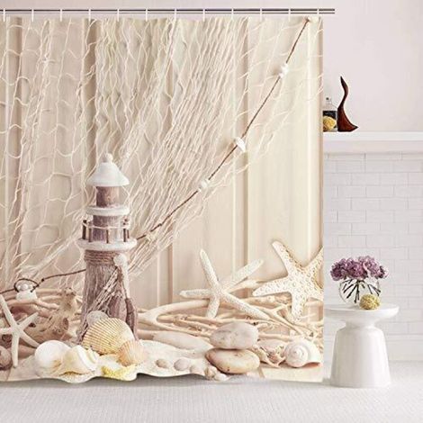 Duschvorhang aus Stoff mit Ringen – 120 x 180 cm – Muschelmuster – Digitaldruck – Polyester – Schimmelresistent – Beige (1/4)