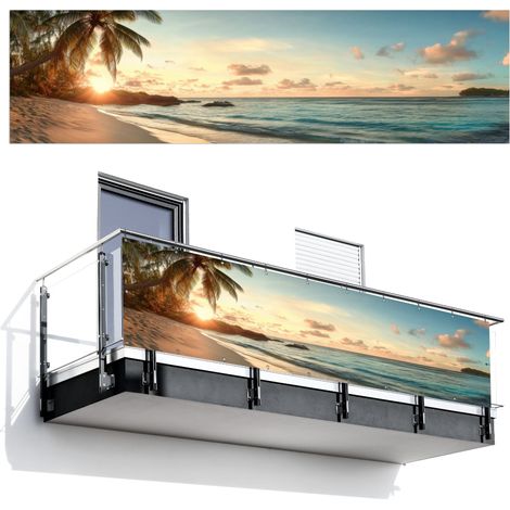 BRISE-VUE POUR BALCON Plage - Palmiers - Océan - Coucher de soleil 300x80 cm (1/4)