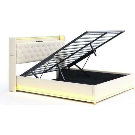 Cama tapizada LED 160x200 cm con USB y almacenamiento hidráulico de lino beige HOMVRA (1/5)