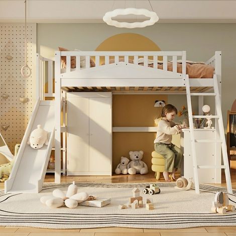 Lit mezzanine 90x200 cm avec bureau penderie et rangements lit enfant gain de place en bois massif et MDF blanc (1/5)