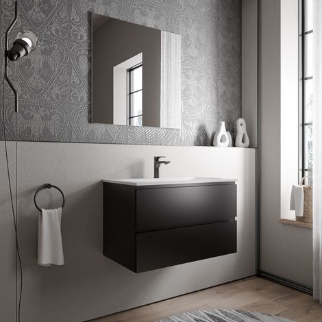 BERNSTEIN - Meuble vasque suspendu MDF Noir mat, lavabo fonte Blanc mat + trou robinet - 80x46x50cm - AVA CREAM (1/5)