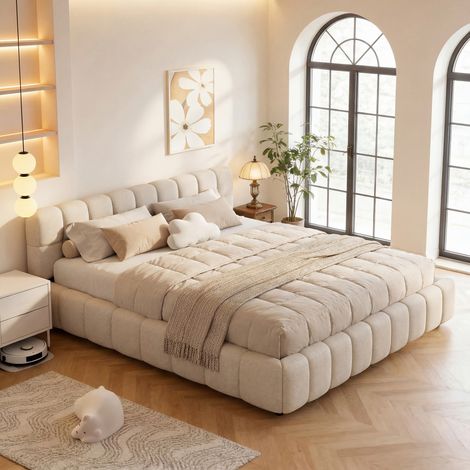Lit Double Rembourré 160x200 cm,Lit Bulle avec Sommier à Lattes, Lit adulte 160x200 Lits 2 Personnes Capitonne avec Tête de Lits,Cadre de Lit pour Adulte et Adolescents,sans Matelas,Tissu en Lin,Beige
