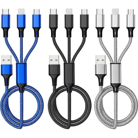 3PCS Câble Multi USB, 1,2m, Chargeur Multi Embout 3 en 1 Universel Multi Embout, Noir, Argent, Bleu, Câble USB Rapide avec USB-C et Micro USB, Câble Multi Chargeur Compatible Multi Appareils (1/5)