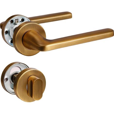Door Handle Antique Brass Denture Trim Matte Stainless Steel Handle for Entrance and Interior Door, L-Shape, Round Rosette, Toilet - Sanitary Cylinder (1/4)
