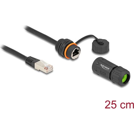Delock Cable RJ45 macho a RJ45 hembra Cat.6A para empotrar con rosca M20 y carcasa IP68 resistente al polvo e impermeable 25 cm negro