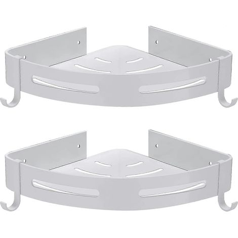 Eckduschregal ohne Bohren, Badezimmeraufbewahrung, Duschablage, Duschzubehör, Duschhalter, rostfreies Aluminium, 2er-Set, weiß, mit Haken (1/5)