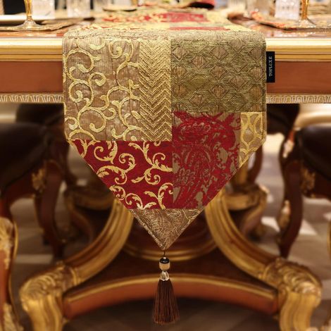 Tischläufer mit Quasten 33x274cm Goldrot Jacquard für Esstisch & Party