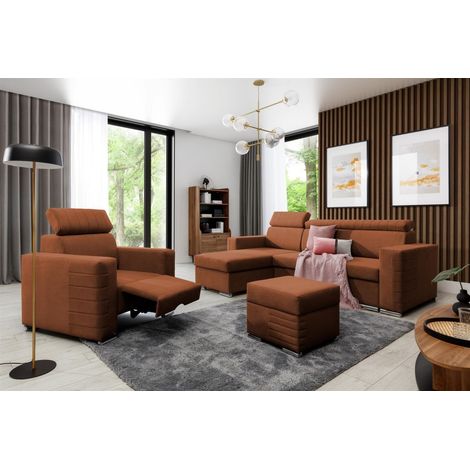 Ecksofa inkl. Hocker und Sessel CANTON Stoff Camelia Rostbraun Ottomane Links (1/4)