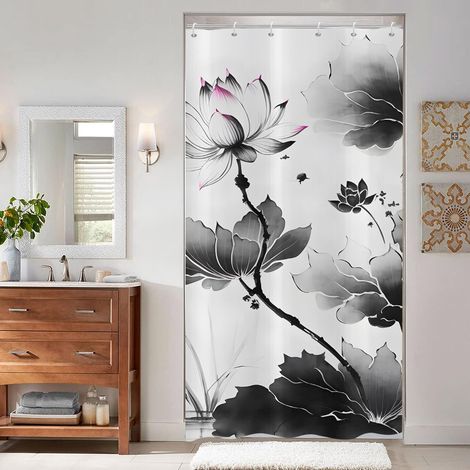 Rideau de Douche Mince 90x180 cm, Art Moderne Lotus Feuille de Lotus Paysage Peinture Gris Lavables avec Oeillets Textile Rideau Douche imperméable pour Baignoire avec 6 Crochets (1/5)