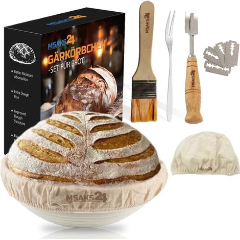Ensemble de paniers de fermentation pour cuisson du pain - Avec panier à pain rond de 23 cm en rotin, housse en lin, pinceau, fourchette à pain, couteau à (1/5)