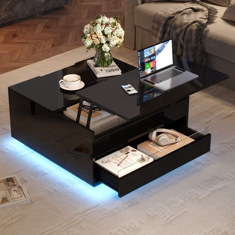 Couchtisch aus Spanplatte Schwarz Hochglanz 70 x 70 cm mit Hubplatte, LED und Schublade