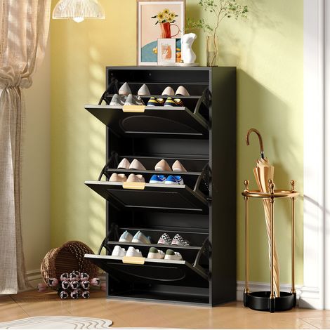 Schuhschrank aus MDF und Spanplatte Schwarz 60 x 24 x 114 cm mit 3 Klappen (1/5)