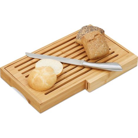 Relaxdays Tabla Cortar Pan con Recogemigas y Cuchillo, Bambú y Acero Inoxidable, Marrón, 4 x 40 x 24 cm