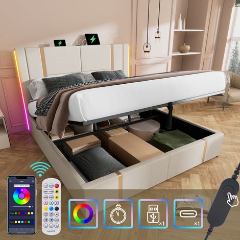 Polsterbett Doppelbett 140 x 200 cm mit App-gesteuerter LED-Beleuchtung und USB Typ-C, Stauraumbett mit Holzlattenrost, Leinen Beige, ohne Matratze