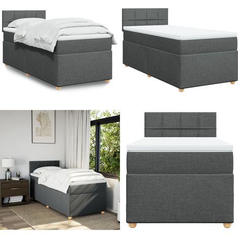 Sommier à lattes de lit avec matelas Gris foncé 100x200cm Tissu - Lit Double - Lit Plateforme - Matelas À Ressorts Ensachés - Literie - Chambre À Coucher - Home & Living