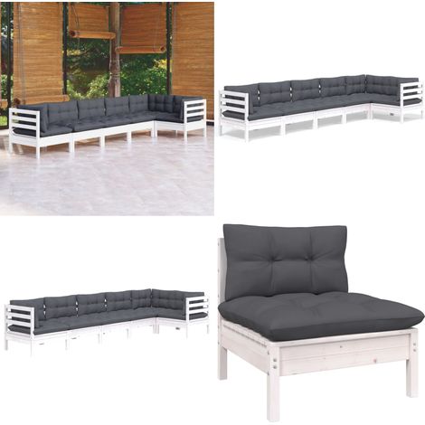 Salon de jardin 6 pcs avec coussins blanc bois de pin - Ensemble Salon De Jardin - Mobilier De Jardin - Salon De Patio - Meubles De Jardin - Bois De Pin - Home & Living (1/5)