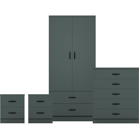 Riano 4 Piece Bedroom Set (2 Drw Bedside Chest, 5 Drw Chest, 2 Dr 2 Drw Wardrobe), Green (1/3)