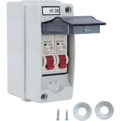 Disjoncteur miniature AC 230V/400V avec boîtier de distribution étanche, 2 disjoncteurs 6/16/20A et 20a avec boîtier étanche pour l'extérieur, MCB sur rail DIN(20A+20A) (1/5)