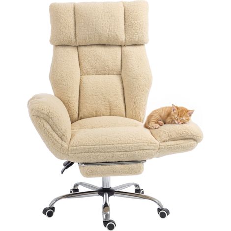 Chaise de bureau - HOMCOM - accoudoirs rabattables - inclinable - hauteur réglable - tissu teddy - 76 x 68 x 117-125 cm - crème (1/5)