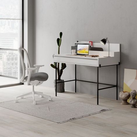 Escritorio de madera 60x110 cm blanco con detalles antracita y patas negras - Leila (1/5)