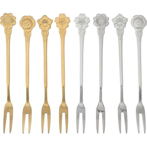 Set mit 8 Dessertgabeln aus Edelstahl, florales Muster, für Mondkuchen – 13 x 1,5 x 0,2 cm – Silber (1/4)