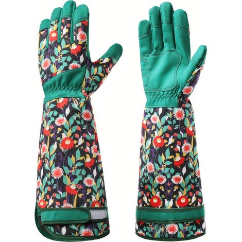 Gants de Jardinage Respirants à Manches Longues - Imprimé Floral (Fleurs Rouges/Faune Verte), Gants en Polyester Résistant avec Prise pour Désherbage, Plantation et Cueillette (1/5)