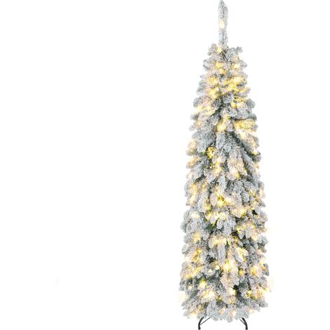HOMCOM árbol de Navidad estrecho 180 cm, árbol de Navidad nevado con luces LED bicolores, 11 modos de iluminación, temporizador, verde