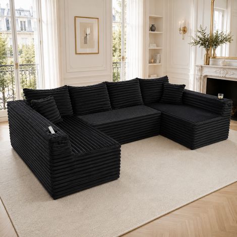 Canapé d'angle en velours côtelé avec porte-gobelets, poches latérales, ressorts, 4 coussins dossier + 2 décoratifs – confort ergonomique salon appartement (1/4)