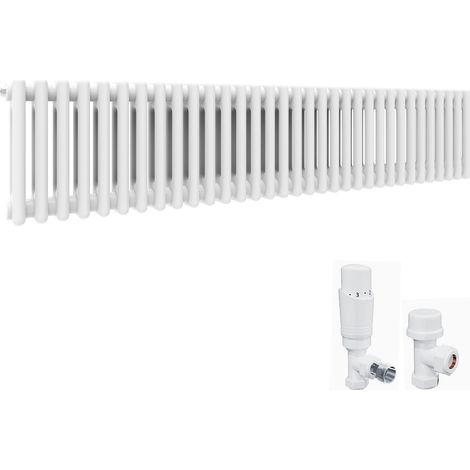 ELEGANT 300 x 1504 mm Traditional Column Radiators Horizontal Double Panel Cast Iron Central Heating Rads and White Thermostatic Radiator Valves (1/5)