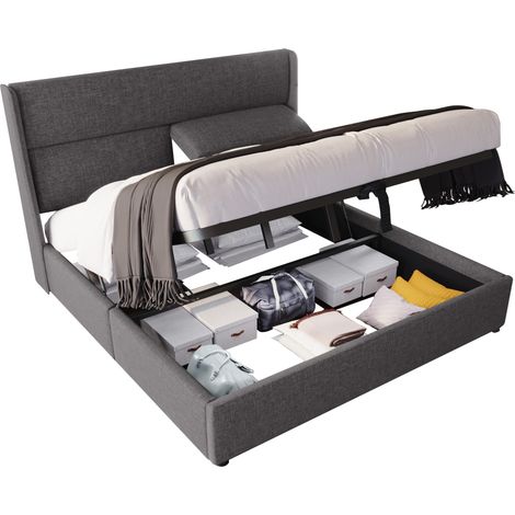 Letto 160x200 cm in lino grigio con testiera regolabile e contenitore, senza materasso - CHICFURN (1/5)