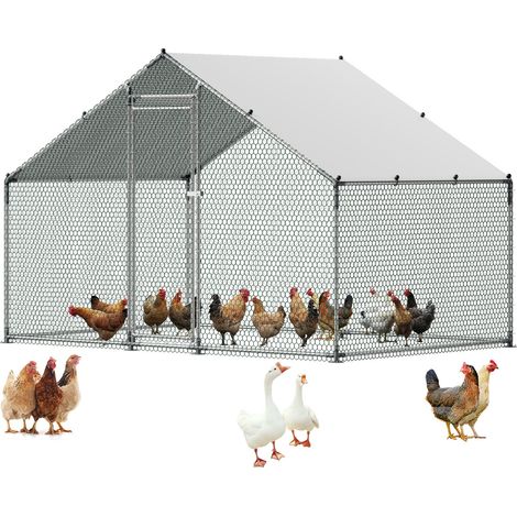 Grand Enclos Poulailler en Métal 3x2x2 m, Parc Grillagé pour Poules, Canards, Volailles et Lapins, Poulailler Extérieur Accessible avec Toit en Pointe, Bâche Imperméable et Porte Verrouillable (1/5)