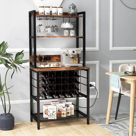 COSTWAY Küchenregal mit Steckdosen, Weinregal für 24 Flaschen, Glashalter, Arbeitsplatte, Standregal für Mikrowelle, Bäckerregal für Küche Esszimmer, 76 x 48 x 163 cm, Vintagebraun (1/5)