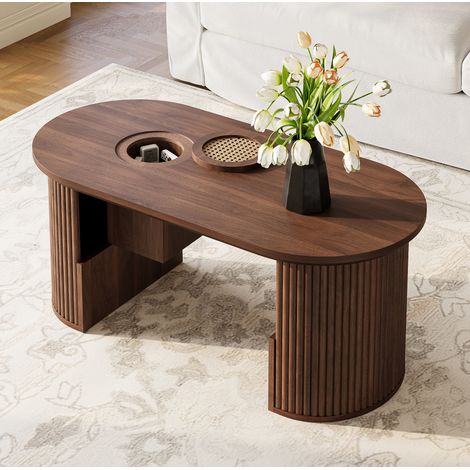 Tavolino basso ovale 105 x 50 x 46,5 cm in MDF colore noce con contenitore integrato OKMYHOME (1/5)